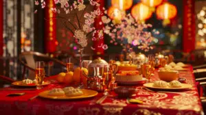 Table de restaurant richement décorée pour le Nouvel An Chinois, avec nappes rouges et dorées, service à thé traditionnel, dumplings, oranges, enveloppes rouges, lanternes et motifs de dragons, branches de cerisier en vase, éclairage chaleureux et festif.