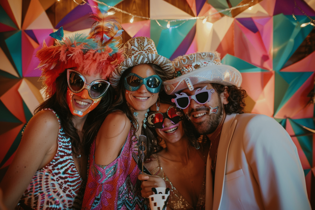 Des invités posant devant un photobooth lors d'une soirée de Carnaval